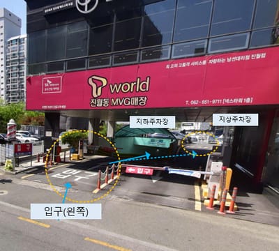 주차장 입구 — 왼쪽 게이트로 들어가고 안쪽에서 지하·지상 주차장으로 나뉜다